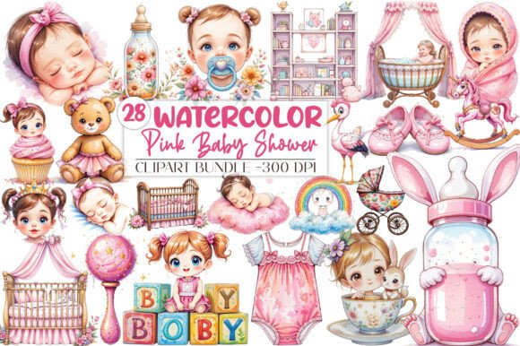 Charming Watercolor Pink Baby Shower Clipart for Creators