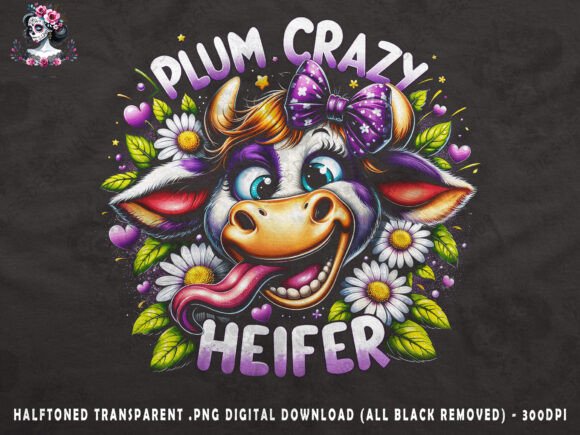 Plum Crazy Heifer Cow with Daisies: A Whimsical Design Asset