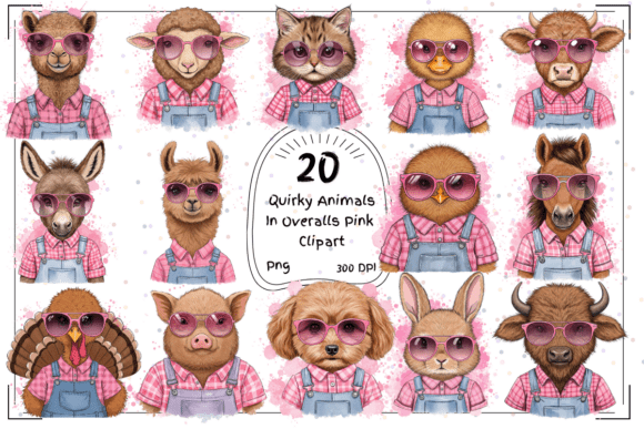 Quirky Animals in Overalls Pink Clipart