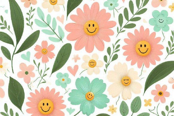 Whimsical Floral Smiley Face Pattern: Spring Decor Digital Design
